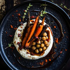Charred roasted carrots and spiced chickpeas, a swirl of cream cheese on a black, textured plate. The balsamic vinaigrette drips. caramelized carrots and creamy cheese. The dark wooden backdrop.