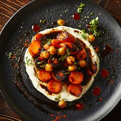 Charred roasted carrots and spiced chickpeas, a swirl of cream cheese on a black, textured plate. The balsamic vinaigrette drips. caramelized carrots and creamy cheese. The dark wooden backdrop.