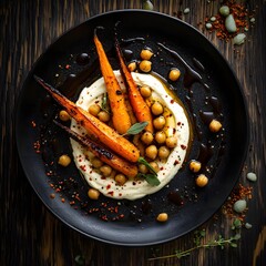 Charred roasted carrots and spiced chickpeas, a swirl of cream cheese on a black, textured plate. The balsamic vinaigrette drips. caramelized carrots and creamy cheese. The dark wooden backdrop.