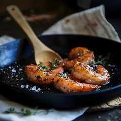 fried prawns with garlic and thyme on a frying pan