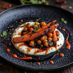 Charred roasted carrots and spiced chickpeas, a swirl of cream cheese on a black, textured plate. The balsamic vinaigrette drips. caramelized carrots and creamy cheese. The dark wooden backdrop.