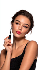 Obraz premium A beautiful woman with thick eyebrows is applying mascara to her eyelashes, her lips slightly parted and she has an exaggerated pouty expression on her face