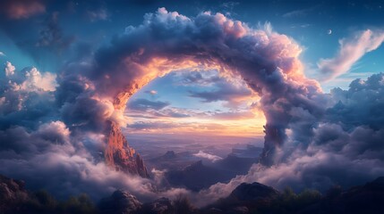 Wind-eroded desert arch in Arizona illuminated by a stunning sunset amidst vibrant clouds and scenic landscape formations