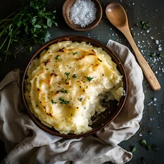 Mashed Potatoes with Herbs and Salt on Dark Background, square. top view.