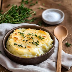 Mashed potatoes with thyme in a wooden bowl, selective focus.