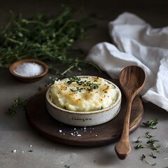 Mashed potatoes with thyme and sea salt, selective focus image