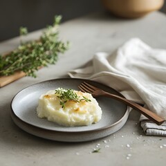 boiled potatoes with thyme and salt, rustic style, selective focus