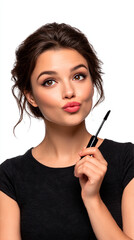 Obraz premium A beautiful woman with thick eyebrows is applying mascara to her eyelashes, her lips slightly parted and she has an exaggerated pouty expression on her face