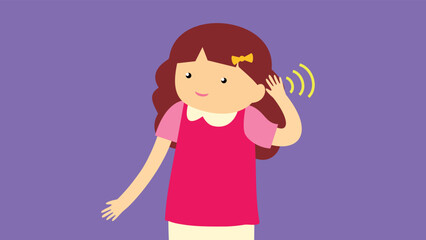 Little girl listening to music. Vector illustration in cartoon style on purple background.