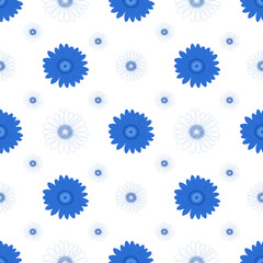 Blue flower with flat line icons of flower, seamless pattern.