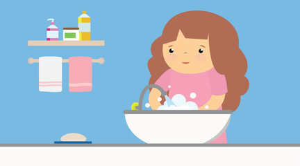 Girl washing hands in the bathroom. Vector illustration in flat style.