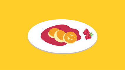 Cake with jam on a plate. Vector illustration in flat style