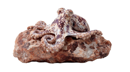 A detailed view of an octopus resting on a textured rock against a black backdrop.