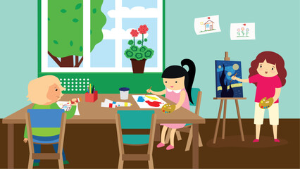 Children painting in the classroom. Vector illustration in a flat style.
