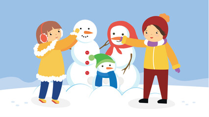 Children playing with snowman. Vector illustration in flat cartoon style.