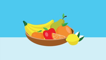 Fruits in a wooden bowl. Vector illustration in flat style.