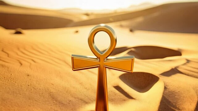 Golden Ankh resting upright in a hot, sandy, sunny desert landscape with rolling dunes and clear, bright sky