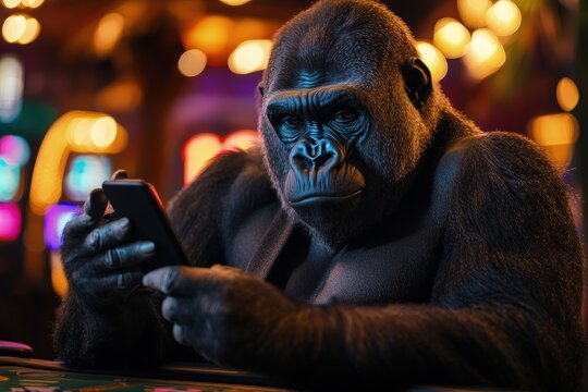 Gorilla using a phone at casino