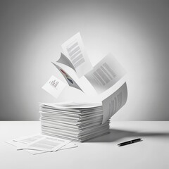 Stack of documents with flying papers and pen on the table  