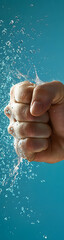 Fototapeta premium Powerful Clenched Fist Smashing Through Water Splash - vertical banner - wide skyscraper - blue background
