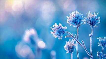 Beautiful frozen wildflowers covered with frost in winter morning light

