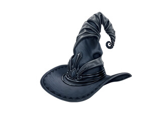 Black witch hat with curled tip and detailed texture, ideal for Halloween, fantasy, or magic-themed designs. Generative AI