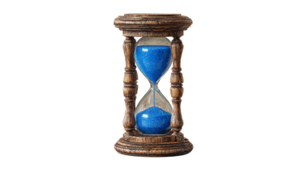 An antique wooden hourglass filled with blue sand, symbolizing time.