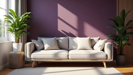 Modern Living Room Interior with Stylish Sofa, Houseplant, and Purple Accent Wall in Natural Light