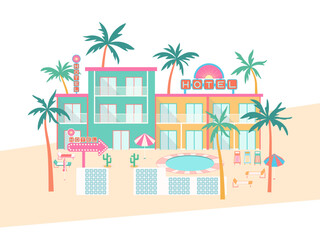 Tropical resort hotel vector illustration. Colorful hotel building with balconies, pool, palm trees, sunbeds, parasol isolated on white background. Flat summer vacation landscape for tourism design