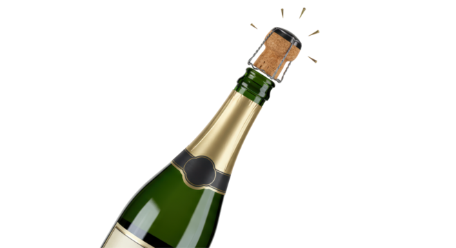 Isolated Exploding Champagne Bottle with Cork and Sparkling Bubbles