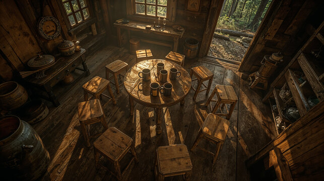 Cozy dwarves’ dining room in rustic cottage interior, warm fairytale atmosphere, illustration for "Snow White and the Seven Dwarfs"