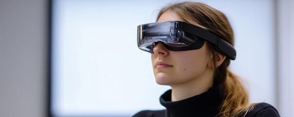 User experience researcher conducts accessibility testing with specialized glasses in a modern office setting