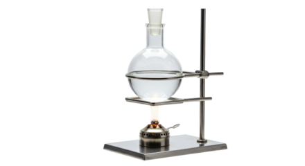 Isolated Chemistry Lab Setup with Round Bottom Flask and Alcohol Burner