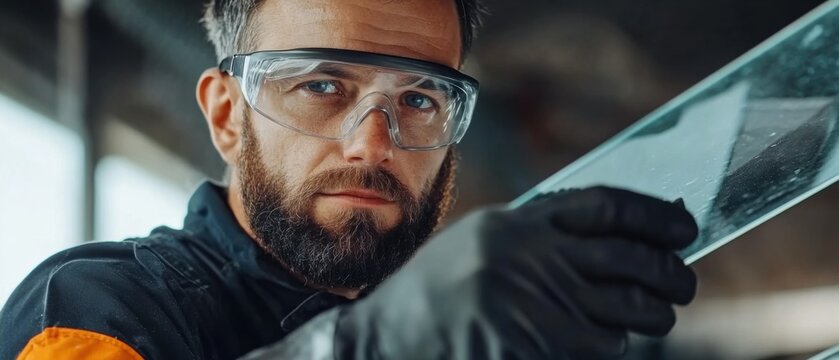 A close-up shot of a glazier in protective glasses and gloves, holding a glass cutter and looking directly at the camera, with glass panels in the background