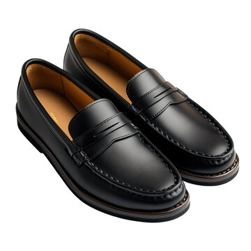 Classic black leather loafers with a sleek design perfect for formal or casual occasions transparent background, cutout PNG