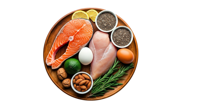 Healthy food plate salmon chicken eggs nuts keto diet balanced nutrition on transparent background