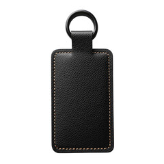 Black leather luggage tag with stitching detail, isolated on a transparent background, cutout PNG