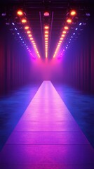 Catwalk illuminated by colorful lights at a fashion event in a modern urban venue during the night