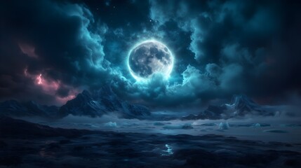 Polar night illuminates a serene landscape under a full moon with clouds casting shadows across the icy terrain and a tranquil atmosphere