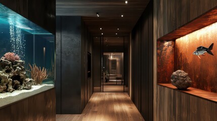 Chic industrial hallway with wood, metal, and a built-in aquarium as a striking focal point.