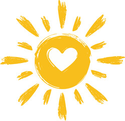 A simple yellow hand-drawn sun with a heart shape at the center, surrounded by radiating brush stroke lines. The illustration has a rough, textured brush style, giving a warm and cheerful appearance. 