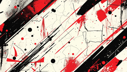  Colorful abstract art featuring bold red and black diagonal patterns, dots, and textured monochrome background. Perfect for creative designs
