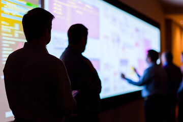 Collaborative discussion on system architecture in a modern workspace using a digital display to analyze data