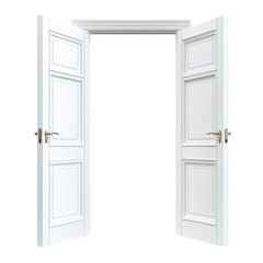 Elegant white double doors open wide, revealing a spacious area beyond, perfect for decor or design projects, transparent background, cutout PNG