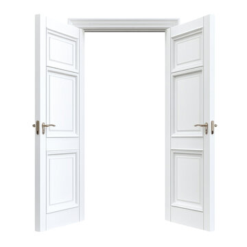 Elegant white double doors open wide, revealing a spacious area beyond, perfect for decor or design projects, transparent background, cutout PNG