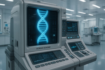 Biotech technology advances molecular biology with dna analysis shown on futuristic computer in modern laboratory setting