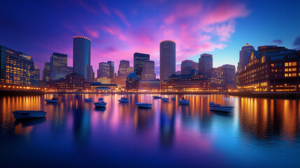 Urban Harbour Night Skyline with Skyscrapers and Neon Reflections
