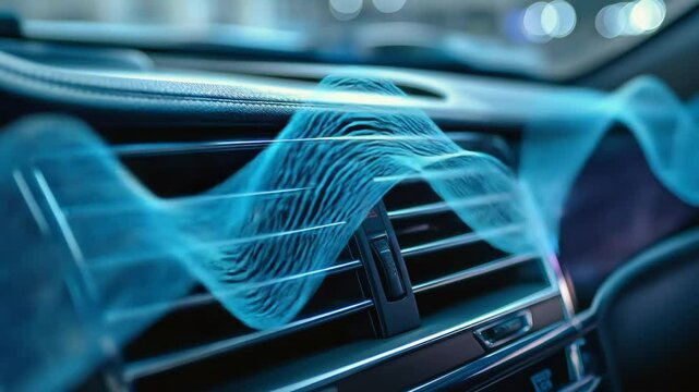 Blue air flow simulation from car ventilation system. Auto interior climate control and air conditioning for comfortable driving footage.