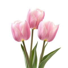 Fototapeta premium Three pink tulips in a fresh arrangement showcasing vibrant petals and green leaves, transparent background, cutout PNG