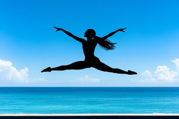 Dancer leaps elegantly against the backdrop of the ocean sky
